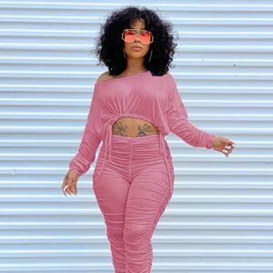 Sexy Women's Outfit Slim Pleated Drawstring Pants Two-Piece Set